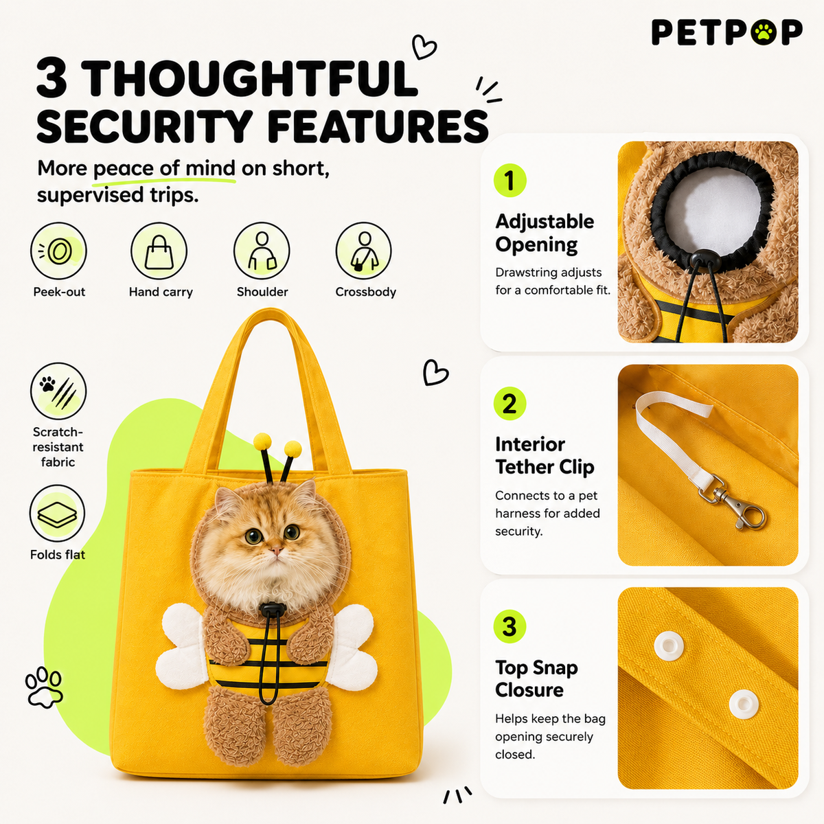PetPop Peek-Out Pet Tote Bag – Bee, Bunny & Dino