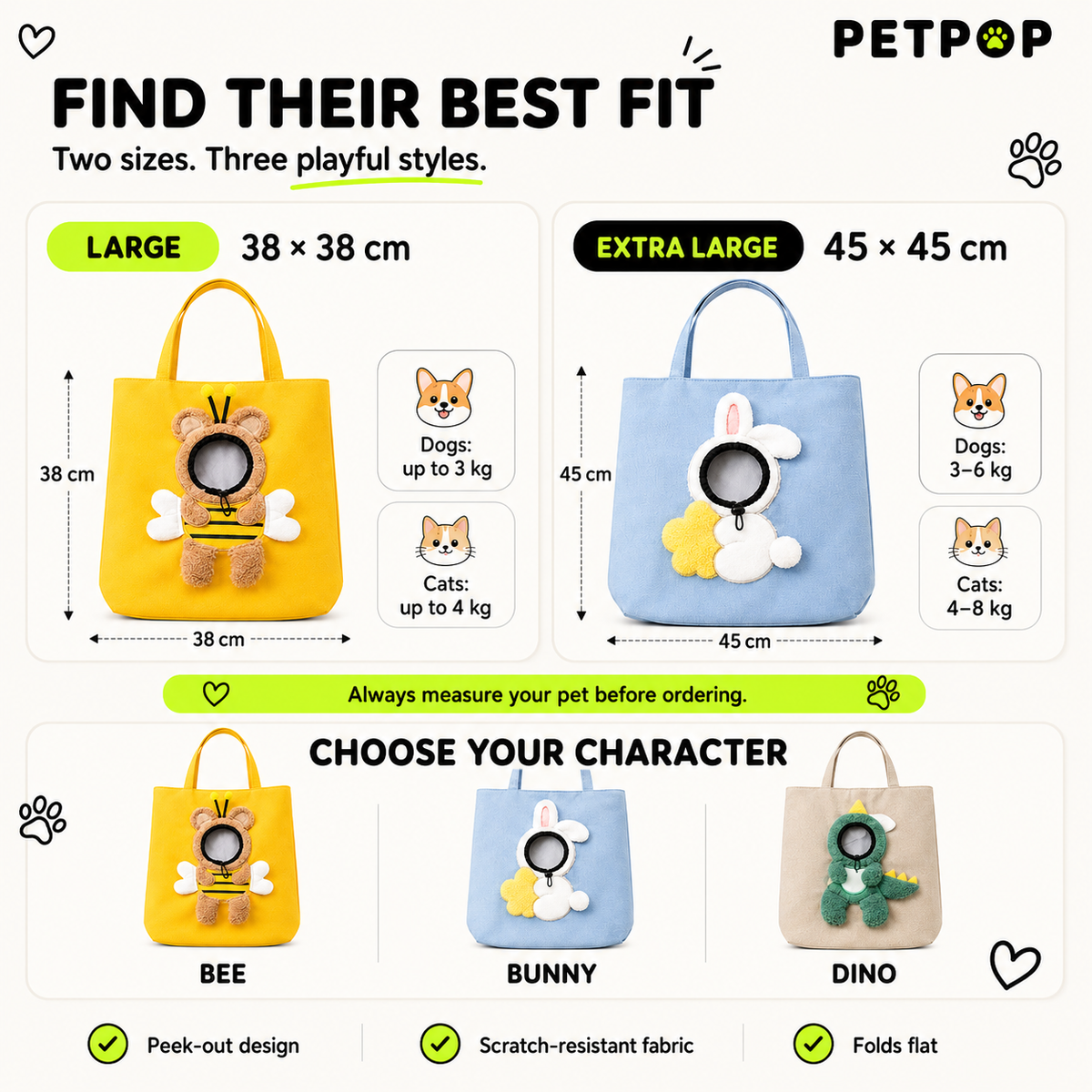 PetPop Peek-Out Pet Tote Bag – Bee, Bunny & Dino