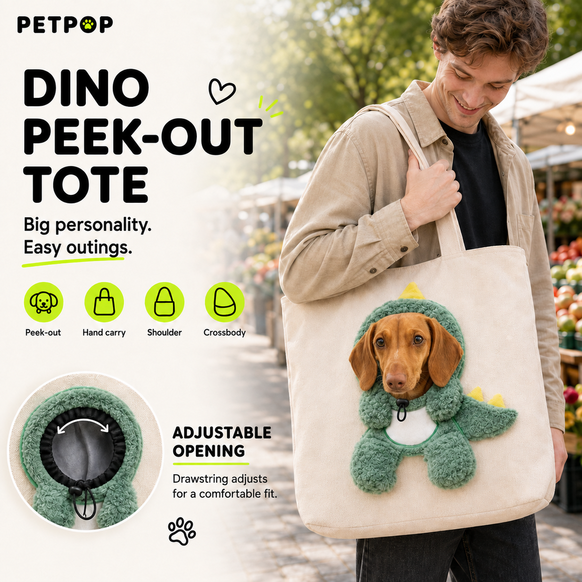PetPop Peek-Out Pet Tote Bag – Bee, Bunny & Dino