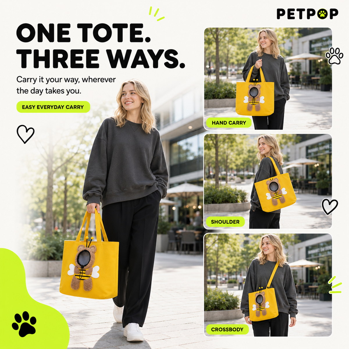 PetPop Peek-Out Pet Tote Bag – Bee, Bunny & Dino