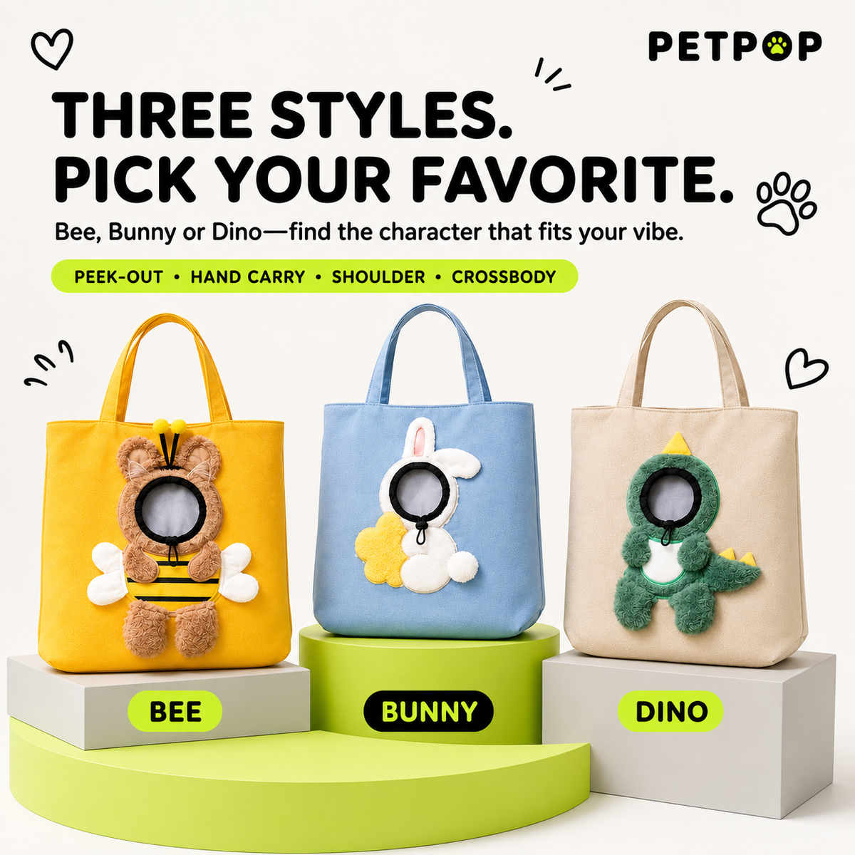 PetPop Peek-Out Pet Tote Bag – Bee, Bunny & Dino